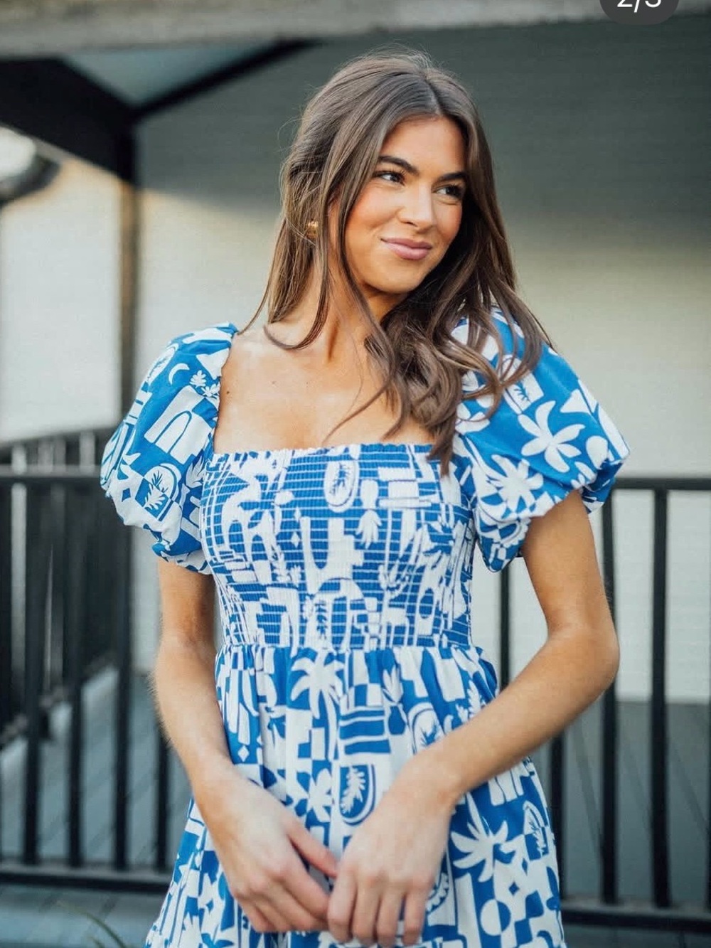 Show Me Your MuMu Blue & White Printed Smocked Midi Dress - Picture 2 of 7